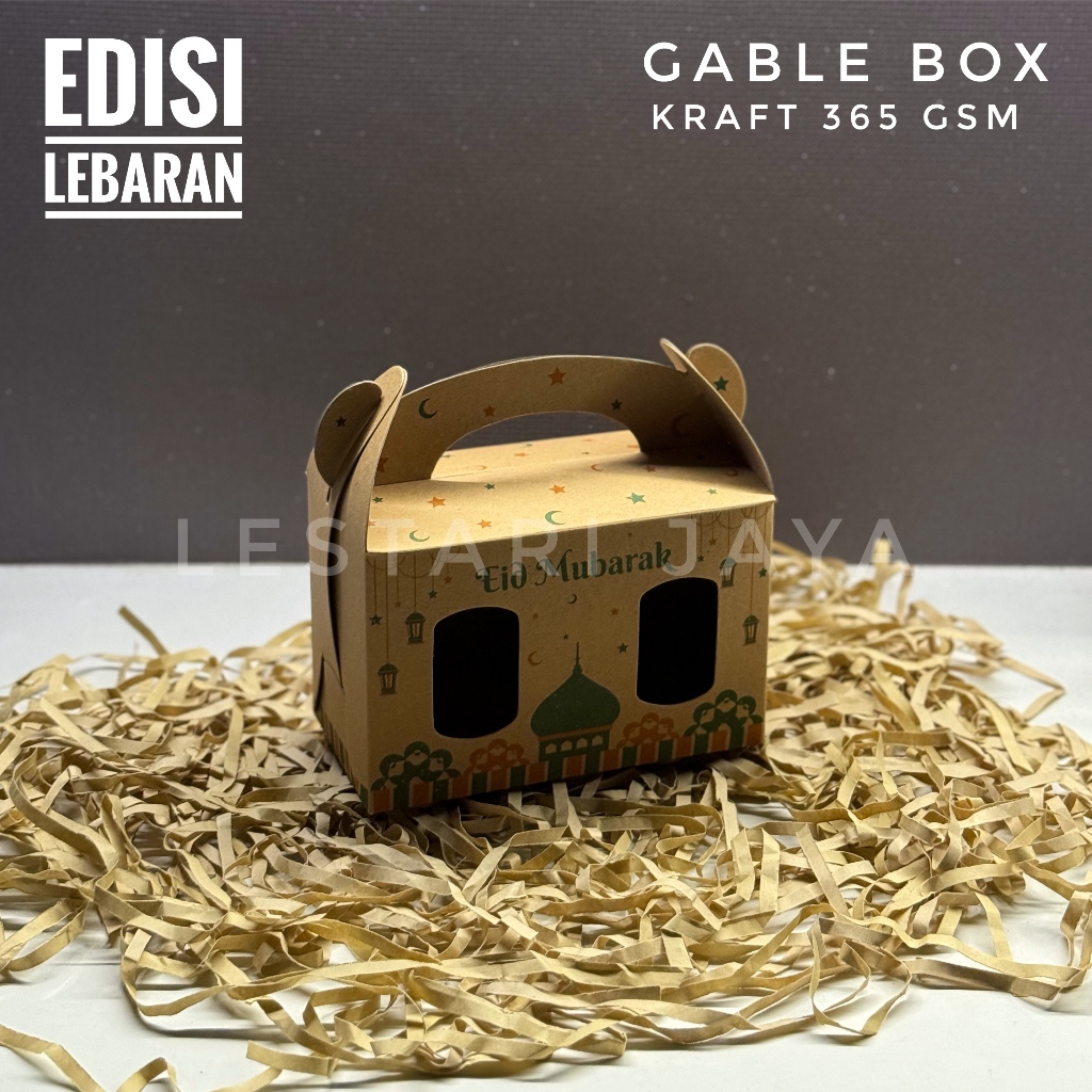 

Box Kraft Lebaran Idul Fitri Gable Box / Box Jinjing 18,5x9,5x12 cm Muat 2 Toples Tabung 650gr untuk box kue kering, Hampers