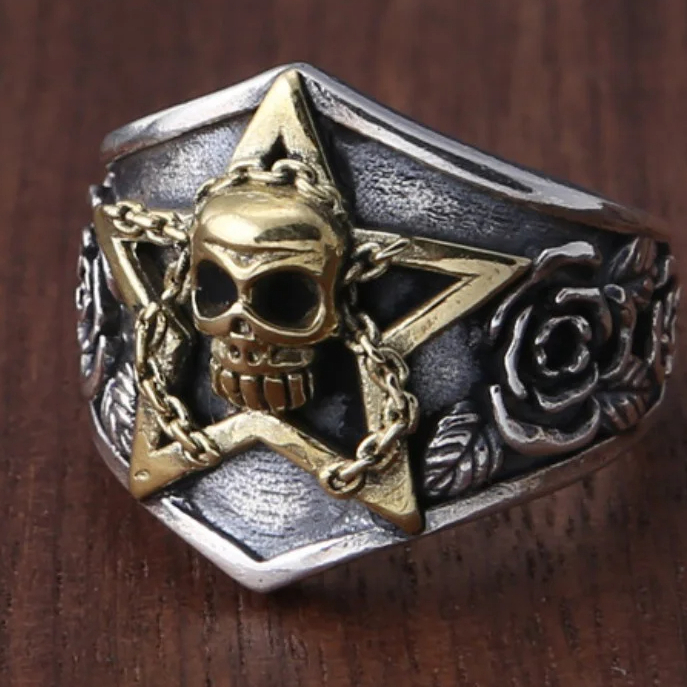 Cincin Tengkorak Bintang / Cincin Devil Pentagram Punk style / Cincin Punk Bentuk Pentagram Aksen Te