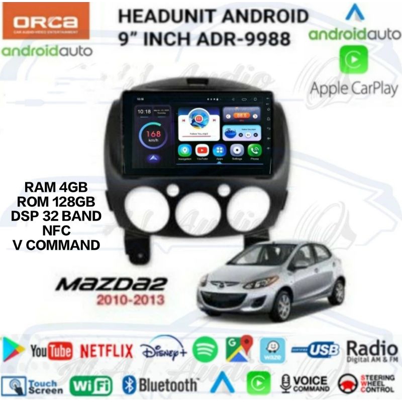 HEAD UNIT TAPE TV MOBIL ANDROID ORCA OEM MAZDA 2 THN 2010 Up RAM 4GB/128GB LAYAR 9 INCH