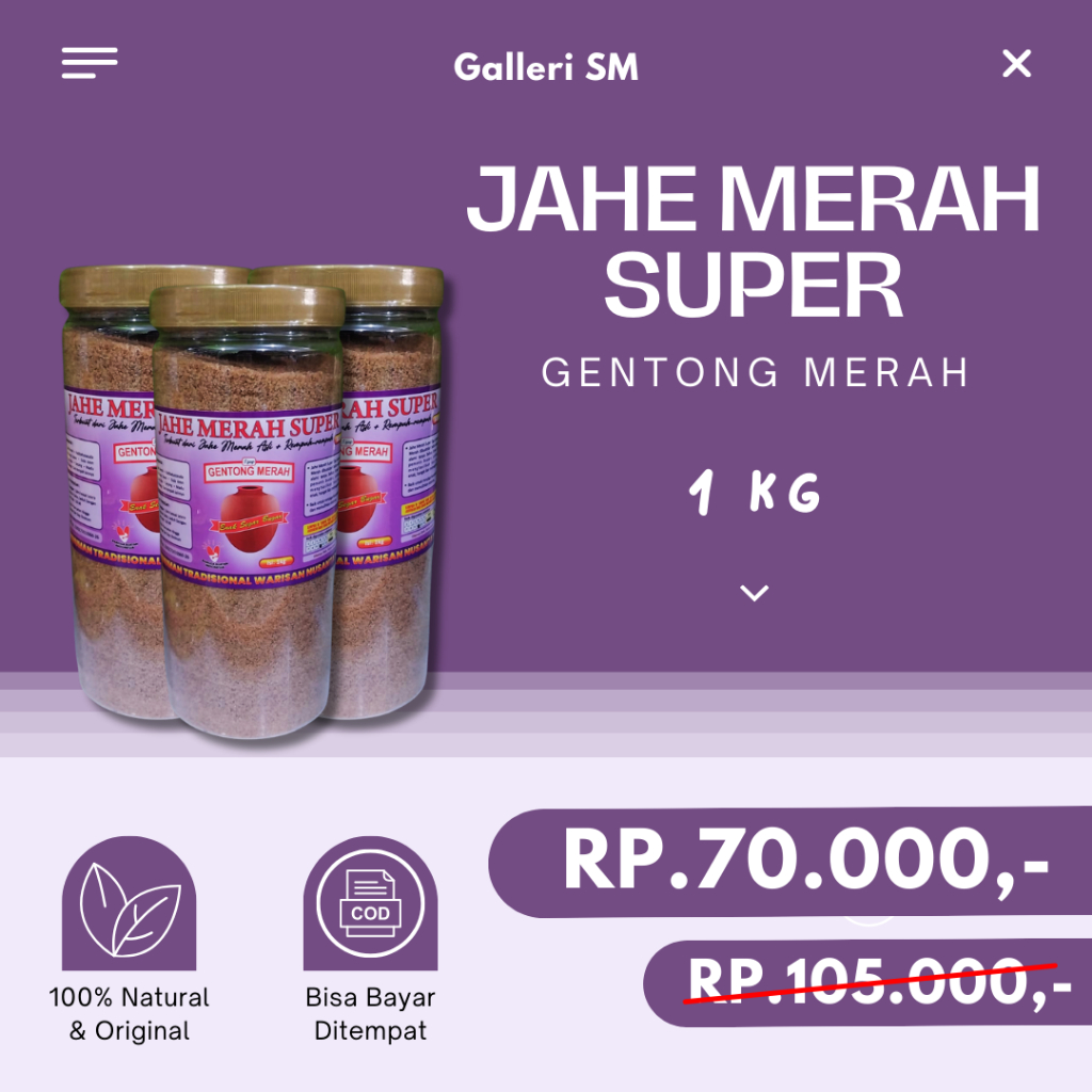 

Serbuk Jahe Merah Super 1 Kg Gentong Merah Herbal Bubuk Asli Demam Batuk Kemasan Besar Toples