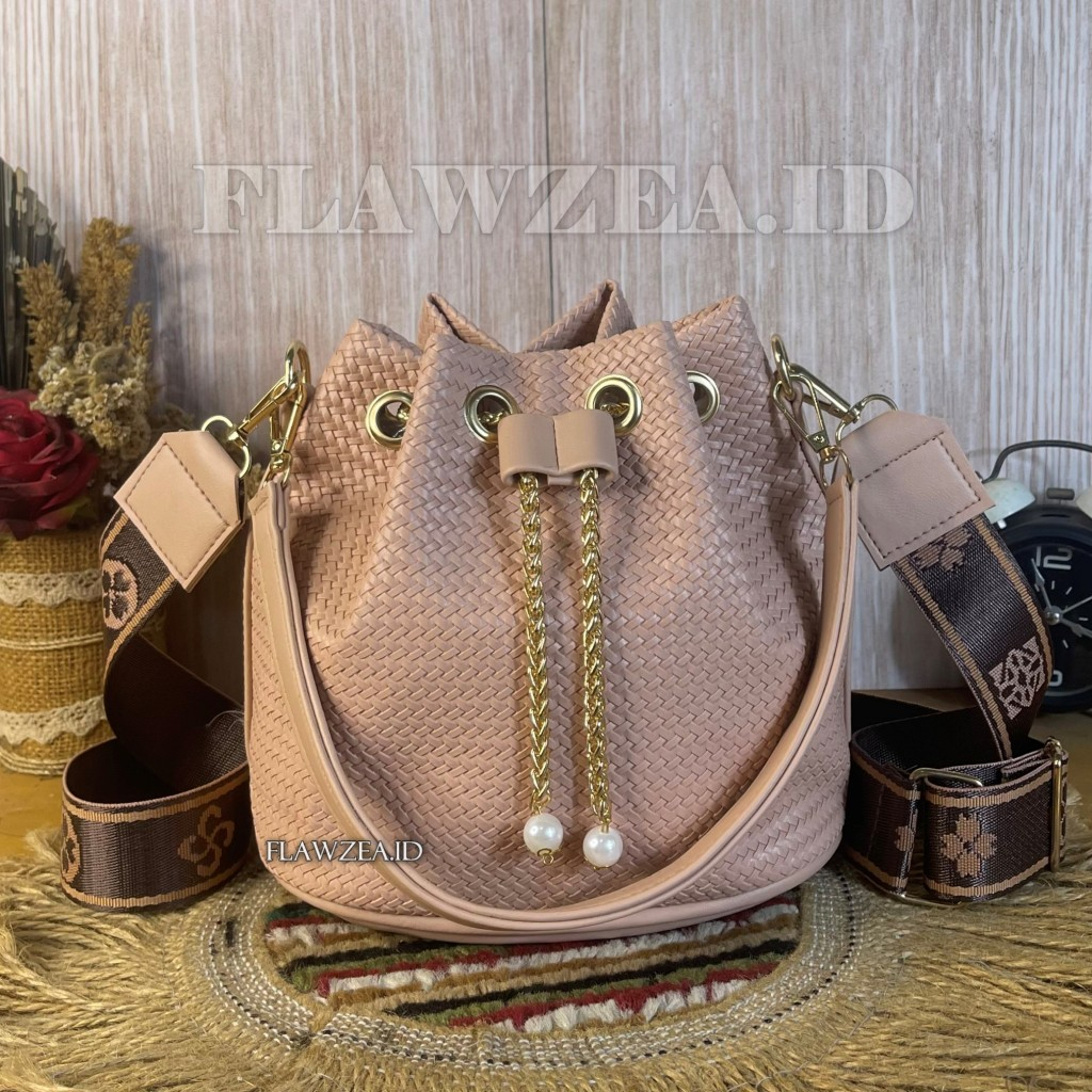 tas selempang serut mutiara korean fashion wanita tali lisban premium