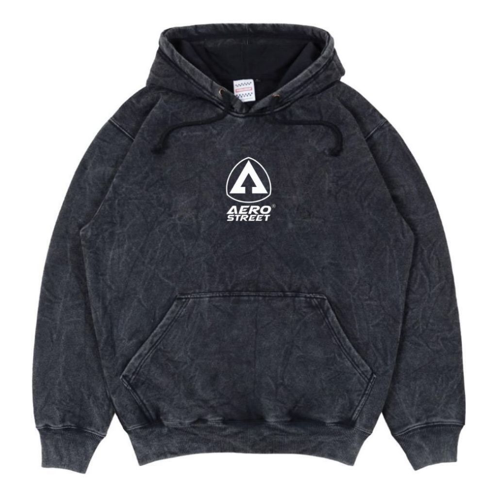 Aerostreet Jaket Hoodie Pullover Black Sandwash Litle Text Simple Matt Cotton Plecce Size M.L.XL.Dan