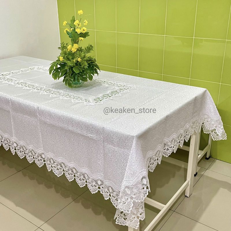 Taplak  meja makan putih mewah tebal berkualitas 4 kursi / 6 kursi / meja bulat 6 kursi /mewah tebal