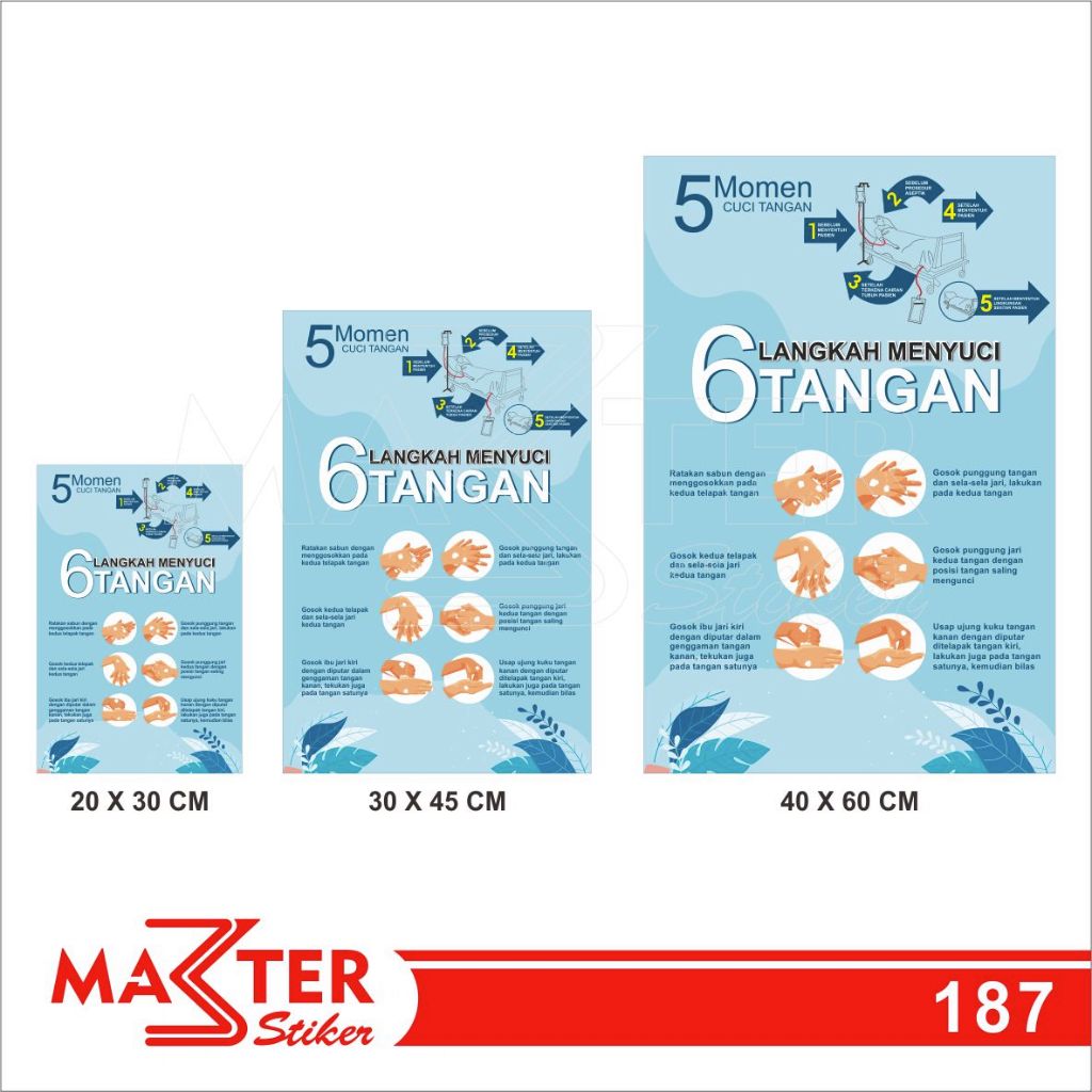 187 - Stiker 5 Momen Cuci Tangan dan 6 Langkah Mencuci Tangan, Tahan Air, Termurah, dan Bisa Custom