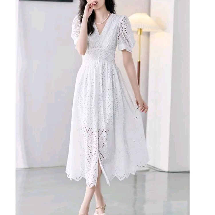 51200 Baju CARMINNA EMBROIDERED BORDIR KATBOL LACE DRESS vneck katun bolong dres putih Korea Korean 