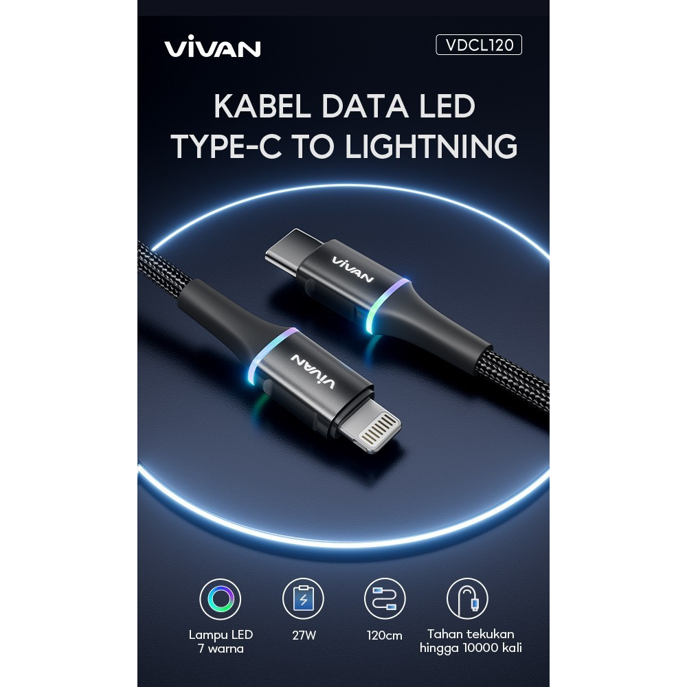 Kabel Data Vivan VDCL120 Type C to Lightning 27W Fast Charging -BLACK