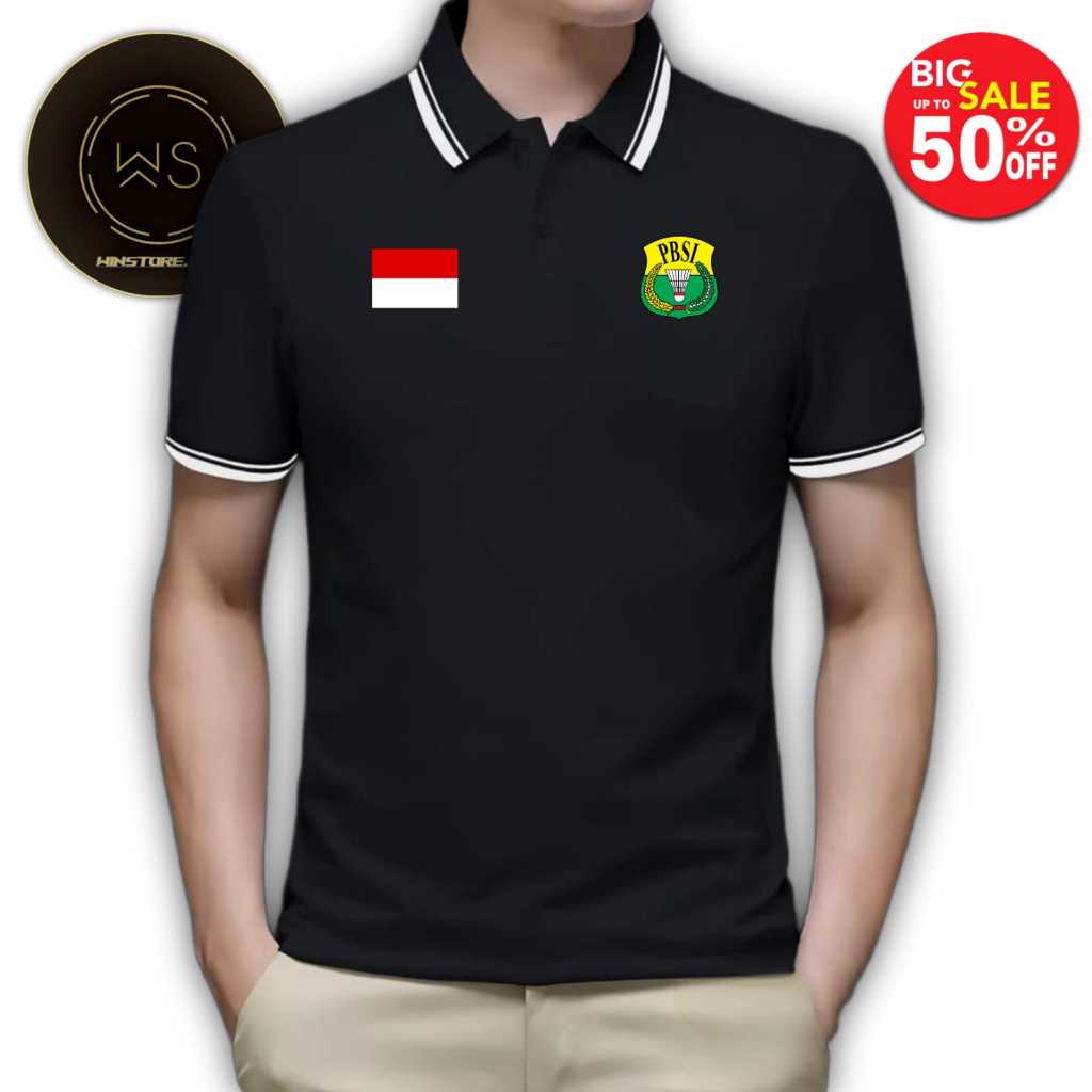 WINSTORE.ID15 Kaos t-shirt polo 2 LIS Motif PBSI INDONESIA pria polos Bahan Sablon DTF ukuran M , L 