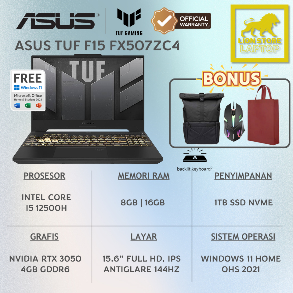 Laptop Gaming Asus TUF F15 FX507ZC4 Intel Core i5 12500H 16GB SSD 1TB VGA Nvidia RTX 3050 Garansi Resmi
