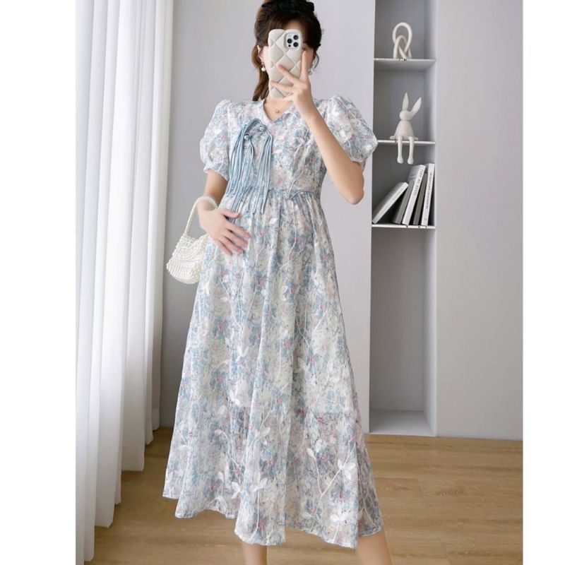 00923 Baju DRESS IBU HAMIL MARION MATERNITY DRES bordir Lace biru pink daster bunga bumil nyaman Kor