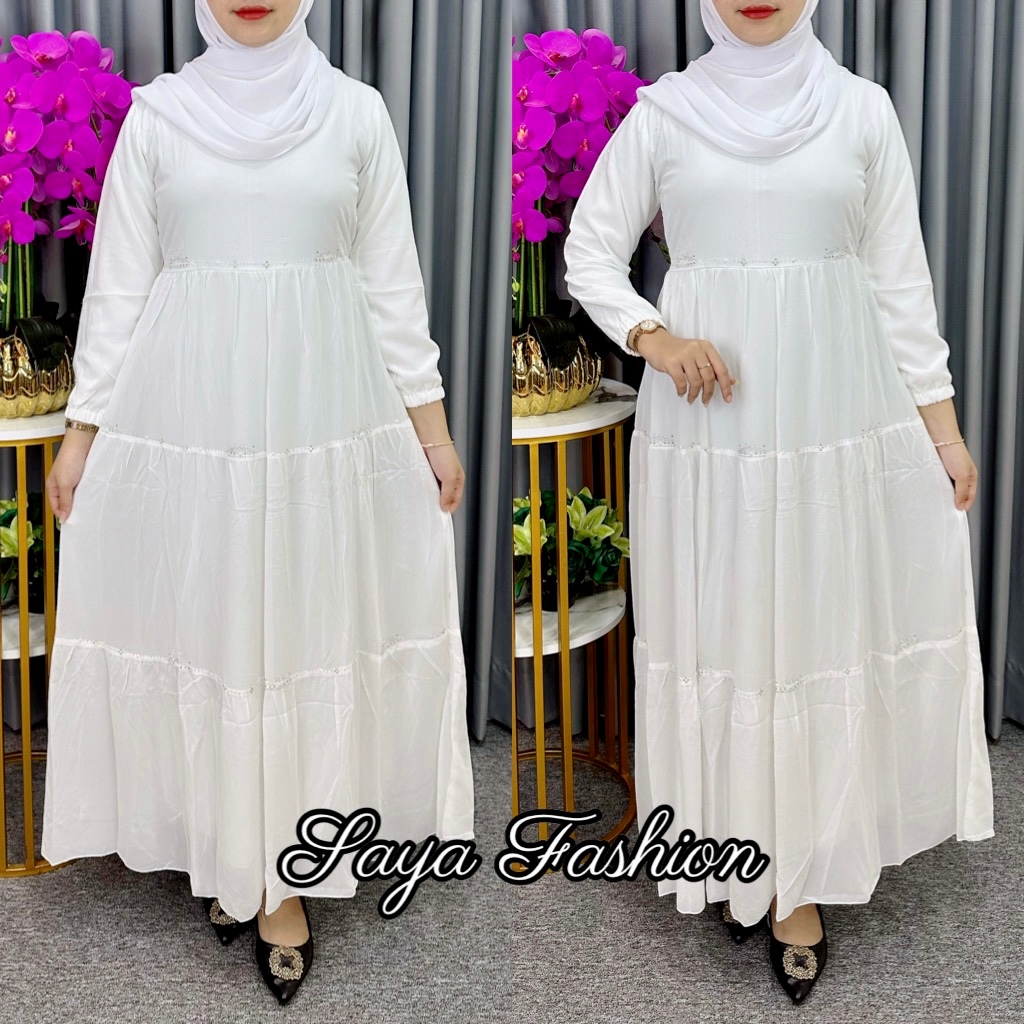 Gamis Ceruty Manik Putih Polos  Rempel 9715 Baju Muslim Lebaran