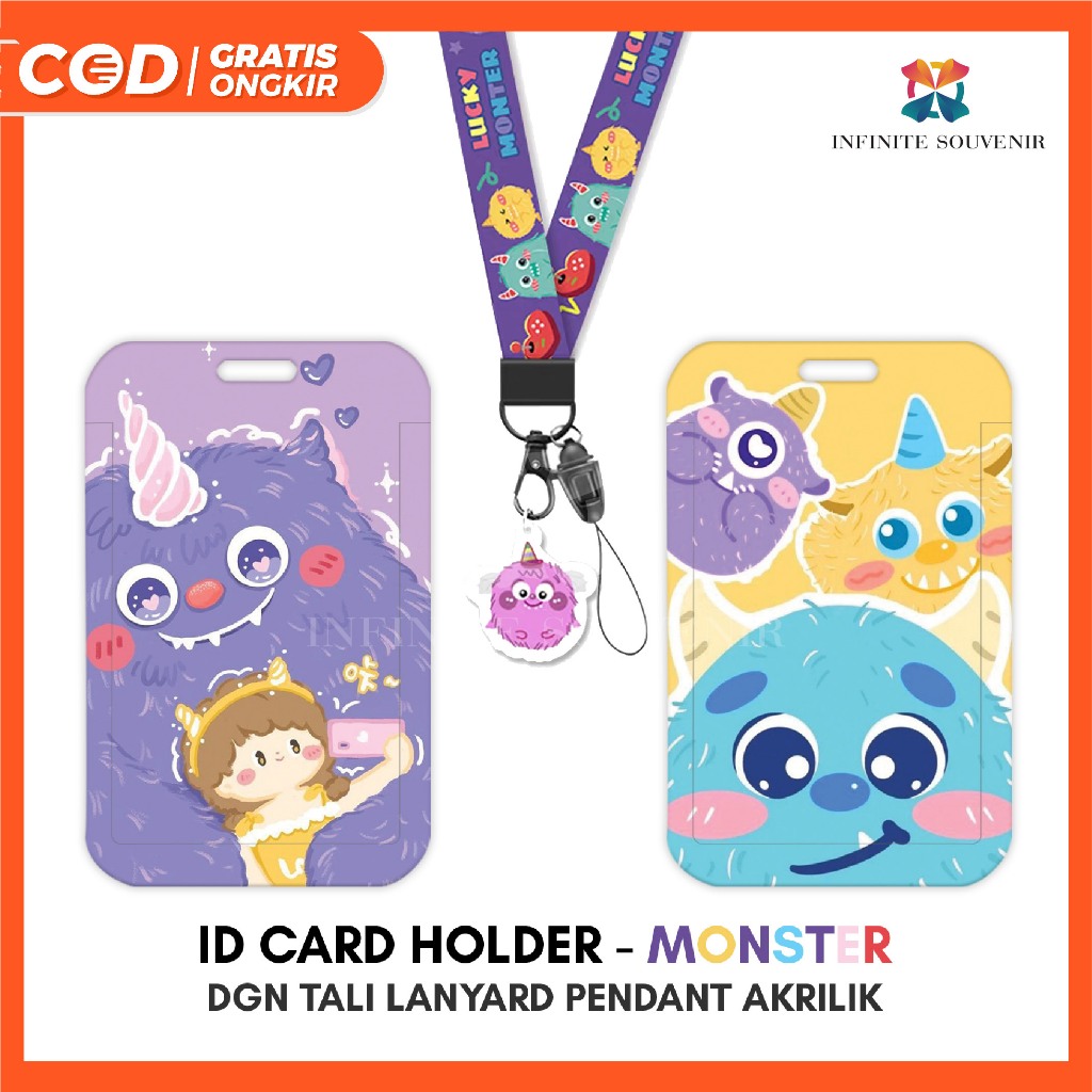 

[N003] MONSTER / Name Tag Card Holder Motif Karakter Monster Purple / Yellow / Tosca / Blue dengan Tali Lanyard Pendant Akrilik / ID Card Holder Tali Gantungan Acrylic Lucu / Nametag / Tempat Kartu Flazz / Emoney