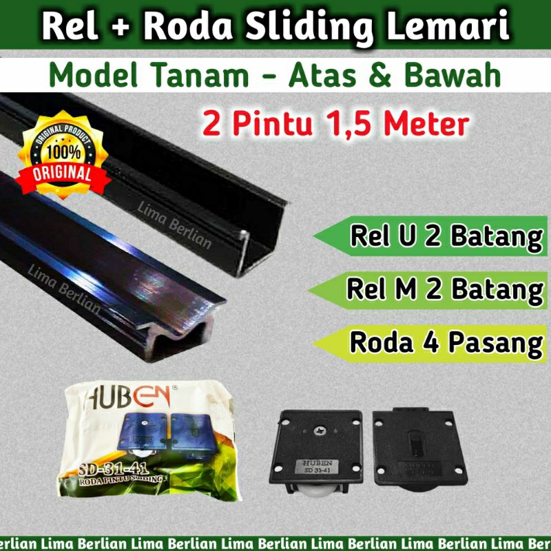 Rel Sliding Lemari 2 Pintu 1,5 Meter Tanam SD 31 41 Plus Roda Geser Huben