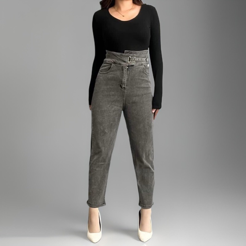 Celana Boyfrend Jeans Hw D46 Abu 27-34 Pinggang Tali - Celana Jeans Wanita HIghwaist Premium