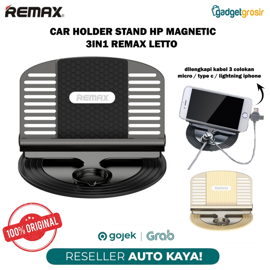 Remax Letto RC-FC2 Car Holder Stand HP 3in1 Magnetic With Charging Kabel Type C / Lightning iPhone /