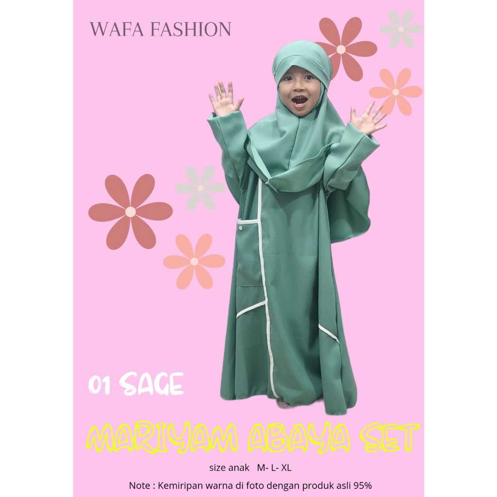 BAJU ANAK POLOSAN ABAYA MARIAM SET KHIMAR WARNA SAGE