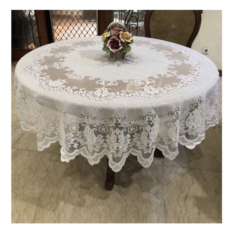 TAPLAK MEJA MAKAN BULAT/BUNDAR UNTUK 46 KURSI POLYESTER RENDA CLASSIC