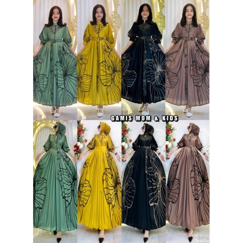 Gamis Lebaran Couple Ibu & Anak Motip Bunga Kipas Terbaru SHR