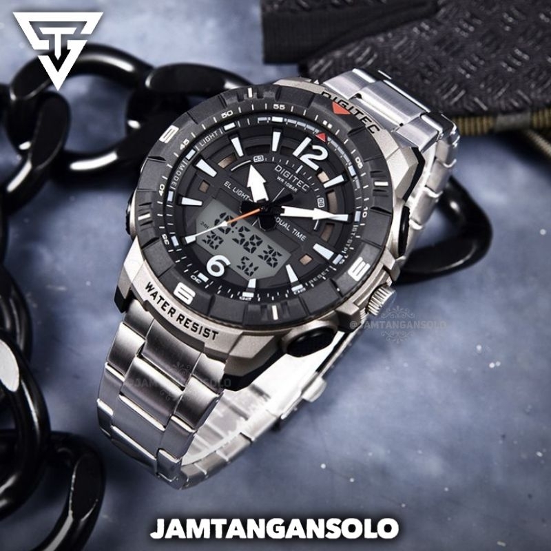 DIGITEC DT STAINLESS ORIGINAL WATER RESIST 10 ATM JAM TANGAN PRIA STEEL DUALTIME ANALOG DIGITAL STRA