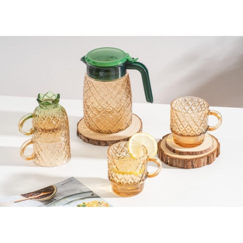 Glass Jug With Cups 5in1 Set Gelas Cup Cangkir Teko Kaca Motif Nanas 1100ml 200ml 270ml Kado Hadiah 