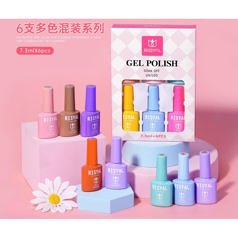 Risyal Nail Gel Polish Set 6pcs x 7,3ml UV LED 6 warna/Kutek Gel Risyal 6 Warna
