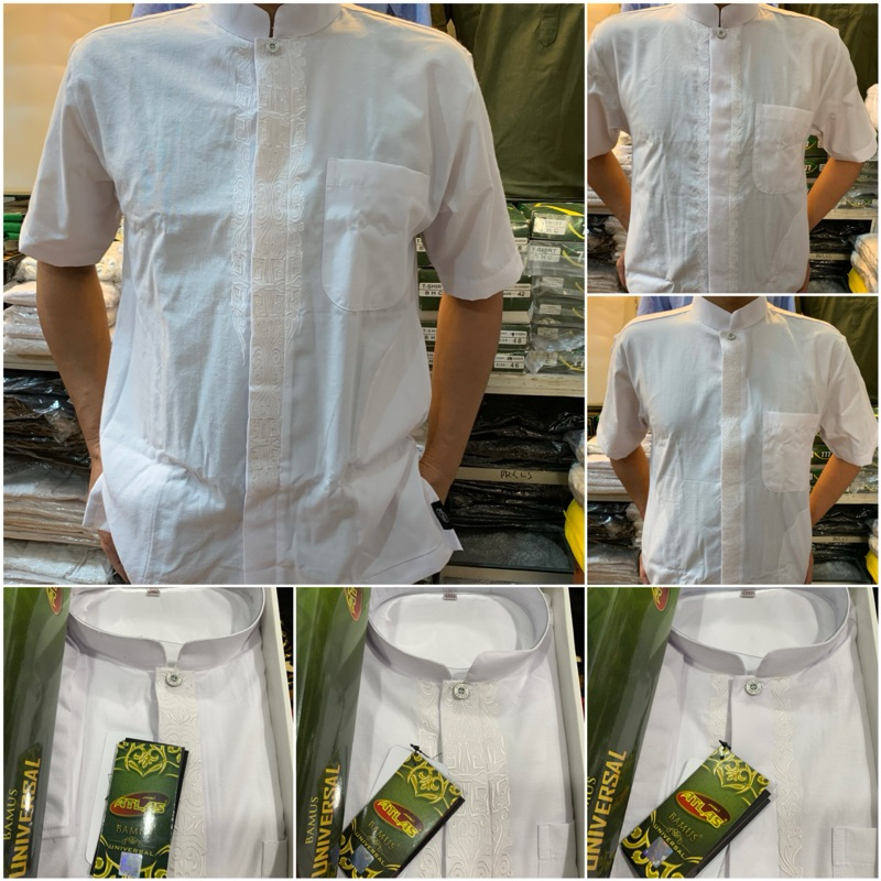 ATLAS Baju Koko Cotton Bordir Pria Dewasa Atlas Premium Putih Lengan Pendek ~ Busana Muslim Baju Kok