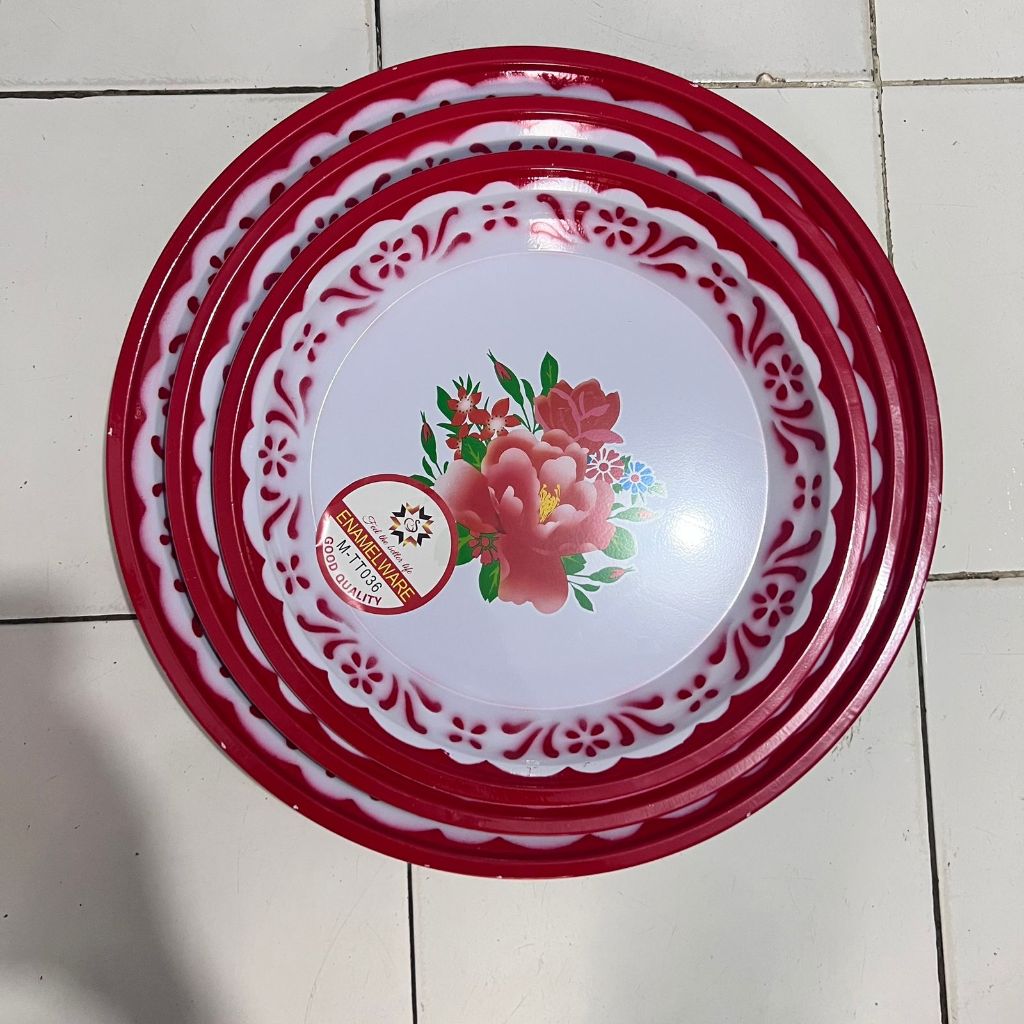Nampan enamel motif bunga / Wadah saji jadul/ Baki Bulat enamel