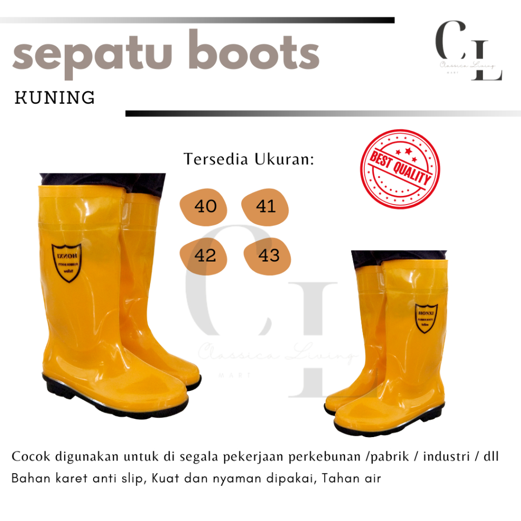 [CLM] Sepatu Boots Tinggi Honxi Kuning / Safety Boots Karet Lentur Ringan Anti Air & Slip Perkebunan