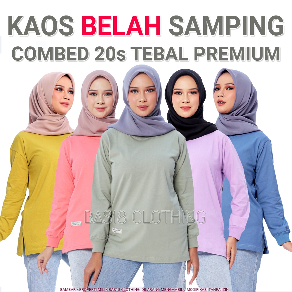 Atasan Kaos Wanita Polos Belah Samping Lengan Panjang COMBED 20s Tebal Tangan Karet Terbaru