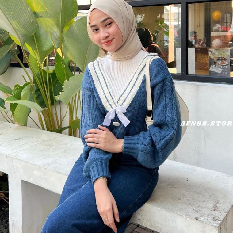 ART U68W SWEATER RAJUT VINTAGE PITA KERAH V  VARIASI KANCING TEBAL