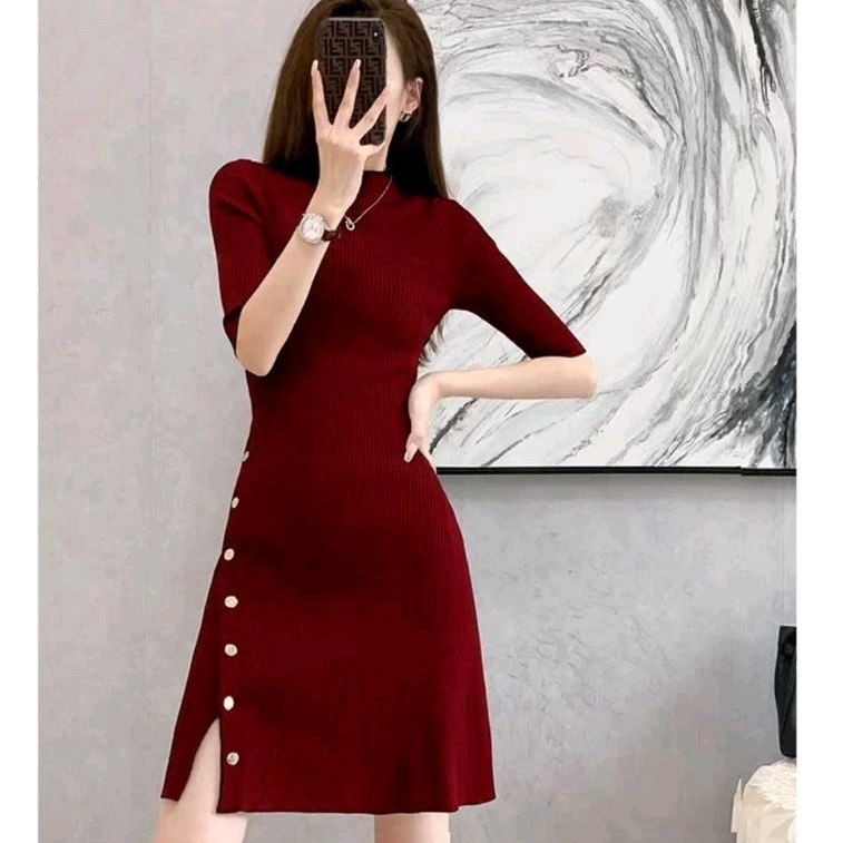 D8250 Baju minidress ALAYA BUTTON KNITTED FLARE rajut knit bodycon dres Korea Korean style wanita pr