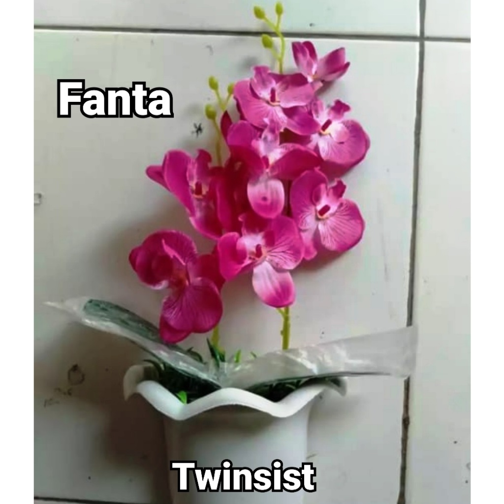 Set Bunga Anggrek Plastik Artificial Palsu Pot Tempel Dinding/Hiasan Dinding/Bunga Hias Plastik