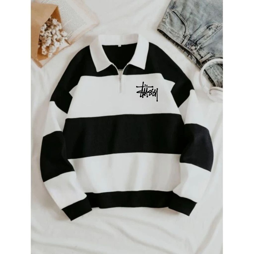 RUGBY STUSSY SWEATER SALUR KOMBINASI SWEATER KERAH RESLETING SWEATER PRIA WANITA HALFZIP STUSSY