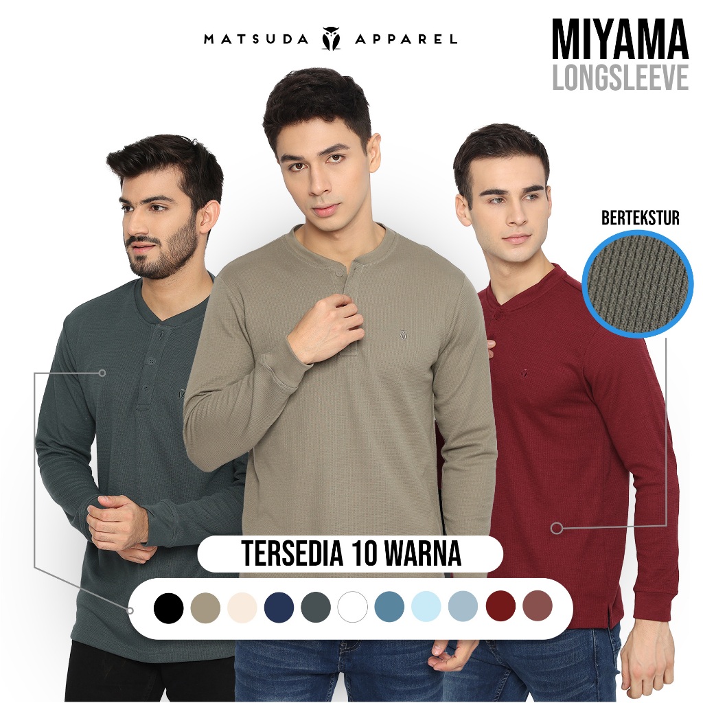 MATSUDA Miyama Kaos Lengan Panjang Henley Waffle Katun
