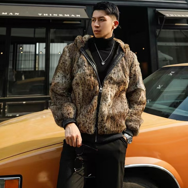 Mantel Bulu Pria "Cheetah Kecil" Mantel Bulu Kelinci Satu Potong Bulu Kasual Bertudung Kulit Asli
