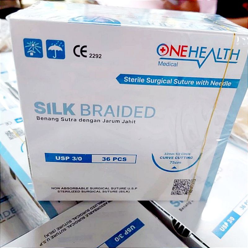 Catgut Onehealth Benang Jahit Silk Braided 2/0 + Jarum 3/0 + Jarum