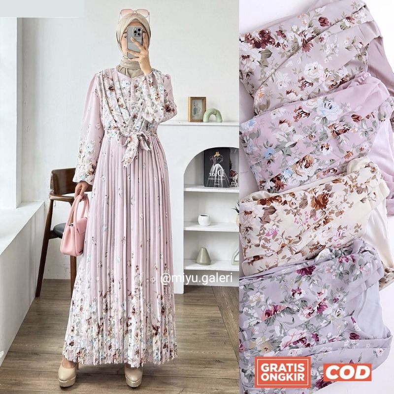 Ayumi Dress Gamis Plisket Wolfis Hanami Premium Import motif etnik batik bunga besar kecil korean Dr