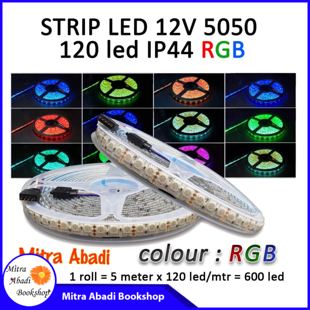 Lampu LED Strip SMD 5050 RGB 120 LED/Meter DC 12V IP44 WATERPROOF