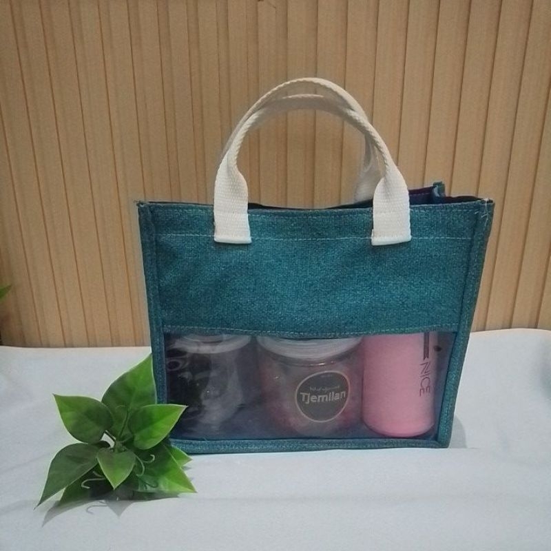 tas jinjing hampers bahan goni canvas anyaman unik kombinasi mika