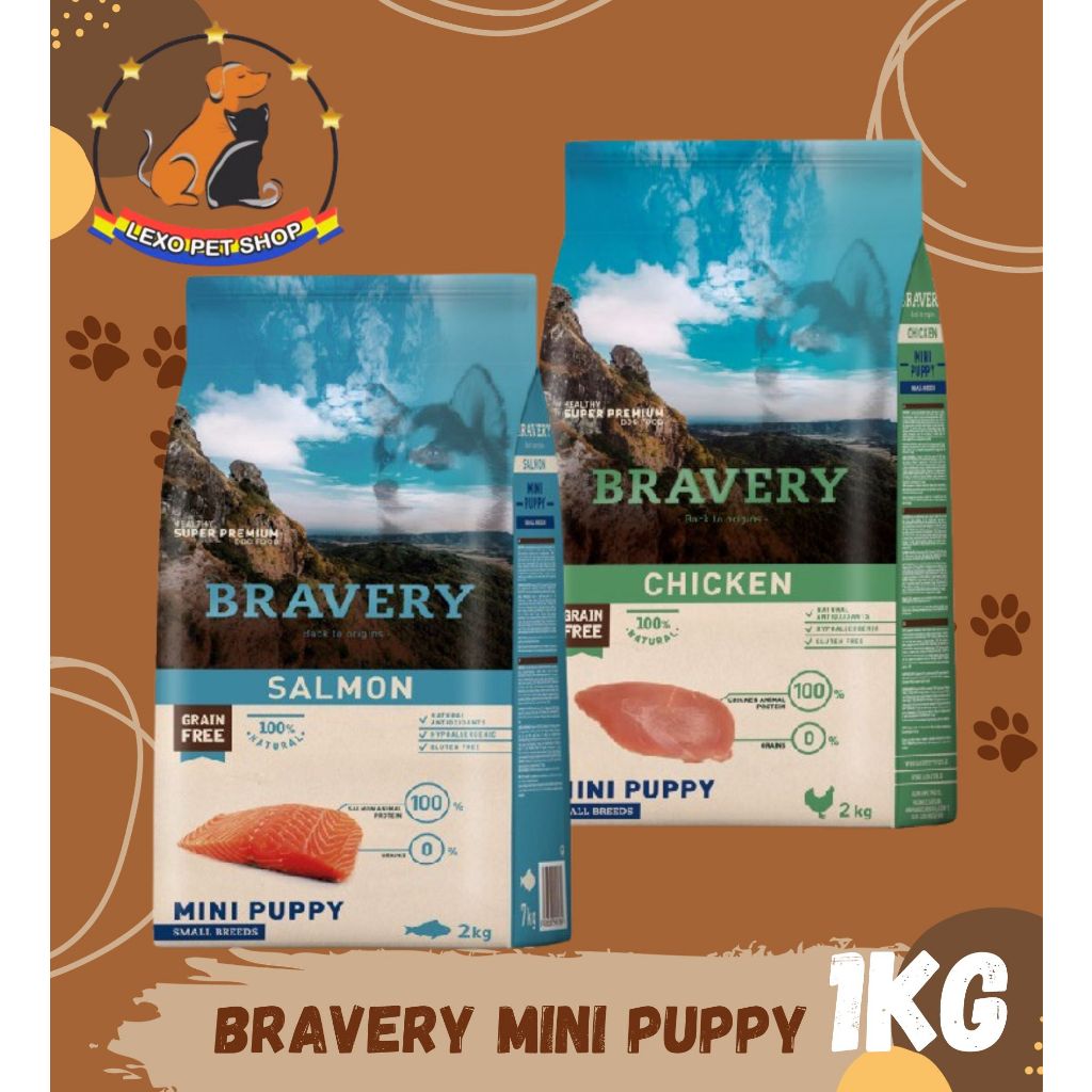 BRAVERY MINI PUPPY 1Kg Small Breed - Makanan Anak Anjing Rasa Salmon Chicken Kering / Dry Dogfood Gr