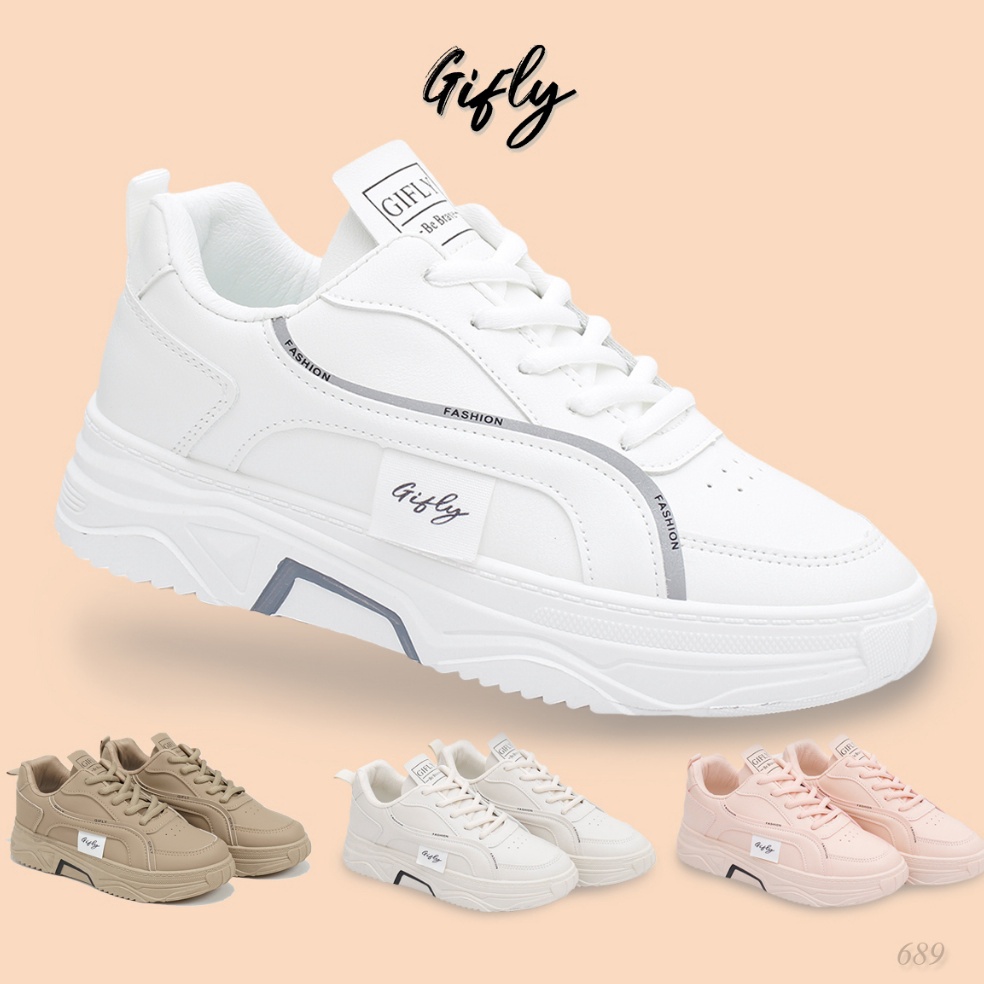 Rekomendasi GIFLY Delian Sepatu Sneakers Wanita Kets Putih Hitam Sport Shoes White Black 689