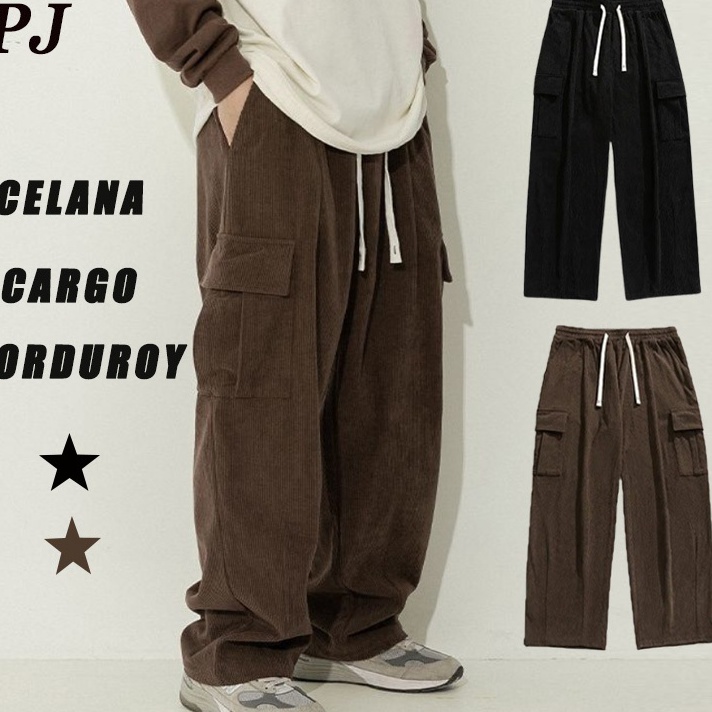 Ready Stok celana cargo corduroy pria cokelat celana Kargo panjang pria hitam Loose Pants celana gom