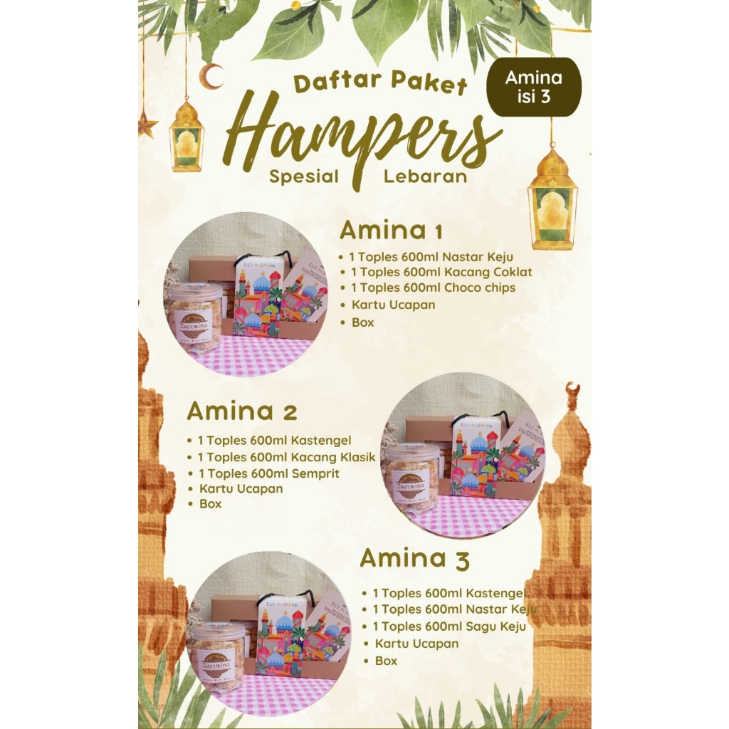 

Hampers Kuker Paket Amina isi 3 Toples 600ml Kue Kering