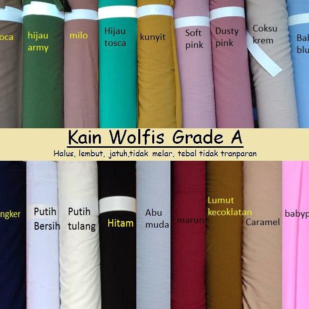 Terlaku 1meter Kain Wolfis Grade A Meteran bahan baju gamis kurung pemda kerudung polos premium mura