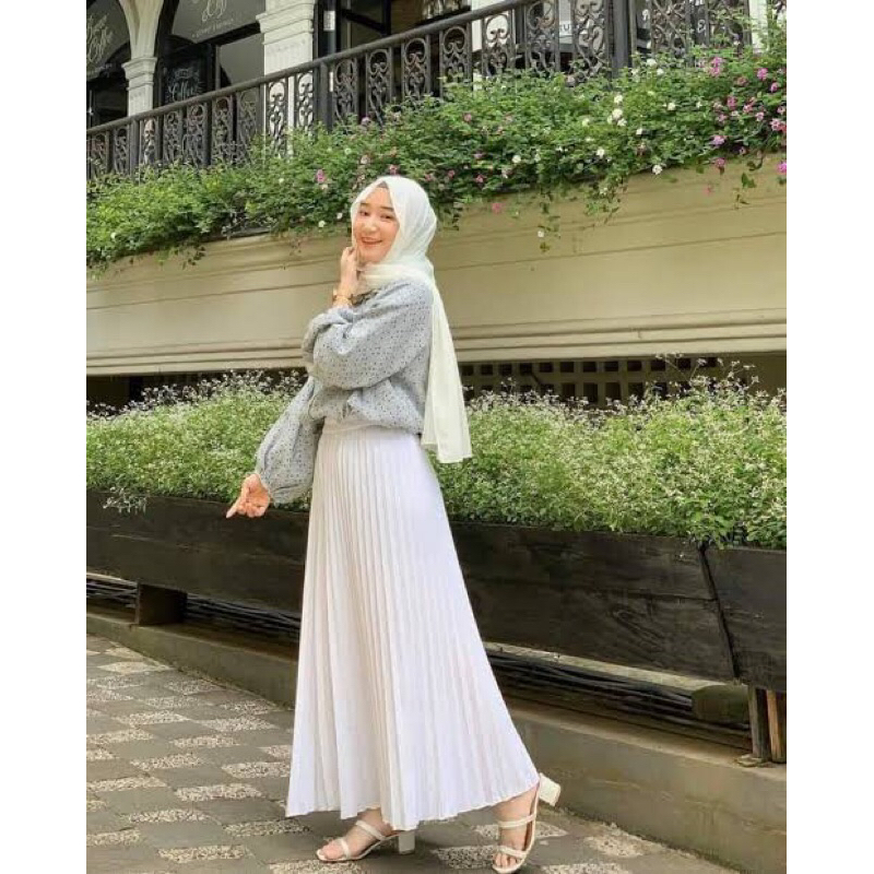 Warna Putih Tulang Broken White Rok Plisket Wanita Import Premium Kekinian Terbaru
