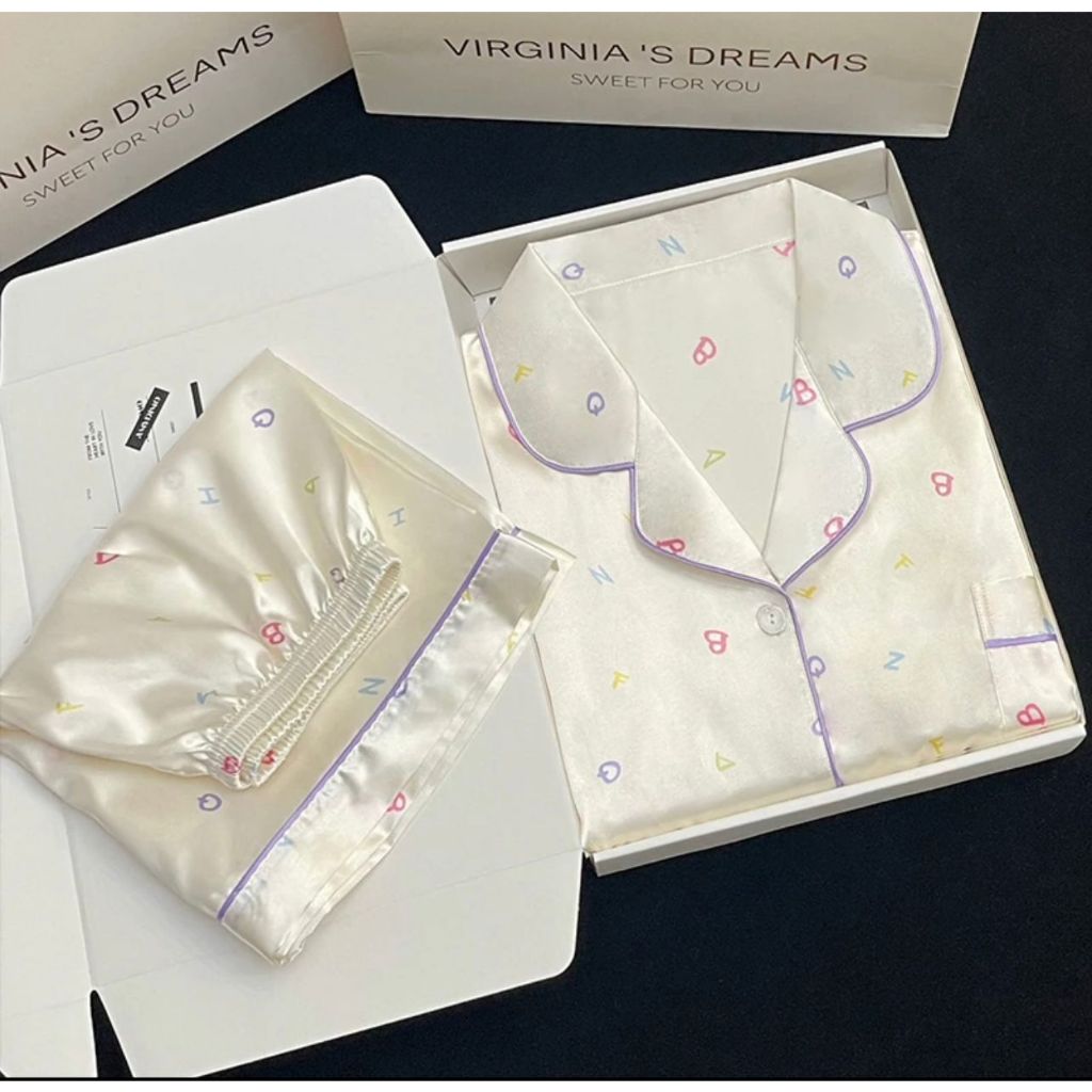 Baju Tidur Piyama Sutra Untuk Wanita / Piyama Sutra Gambar Huruf Celana Pendek lengan pendek