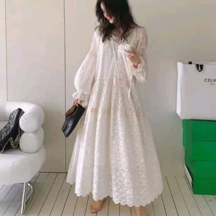 14019 Set2PCS (Set INER DRESS) Baju mididress ELBERTA LACE BROKAT BABYDOLL putih dres Korea Korean s