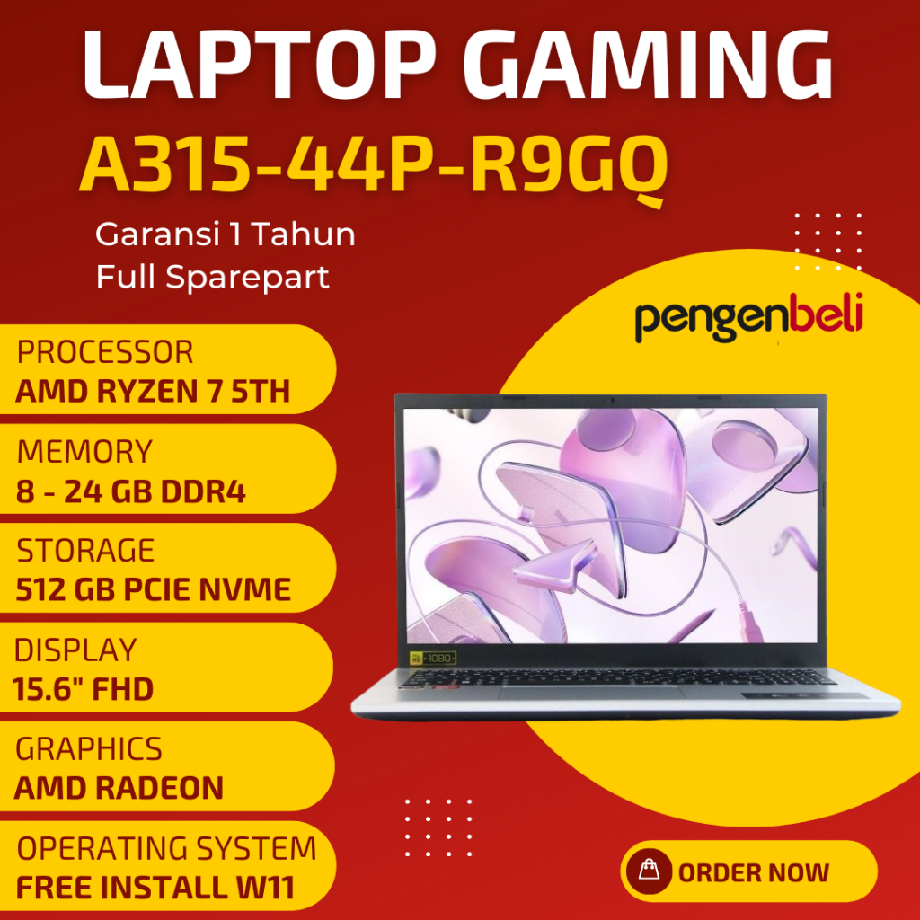 NEW LAPTOP GAMING ACER ASPIRE 3 A315-44P-R9GQ [ AMD RYZEN 7 5700U l RAM 24 GB l 512 GB SSD NVME l LAYAR 15,6 INCH l FREE INSTALL WIN 11 ]