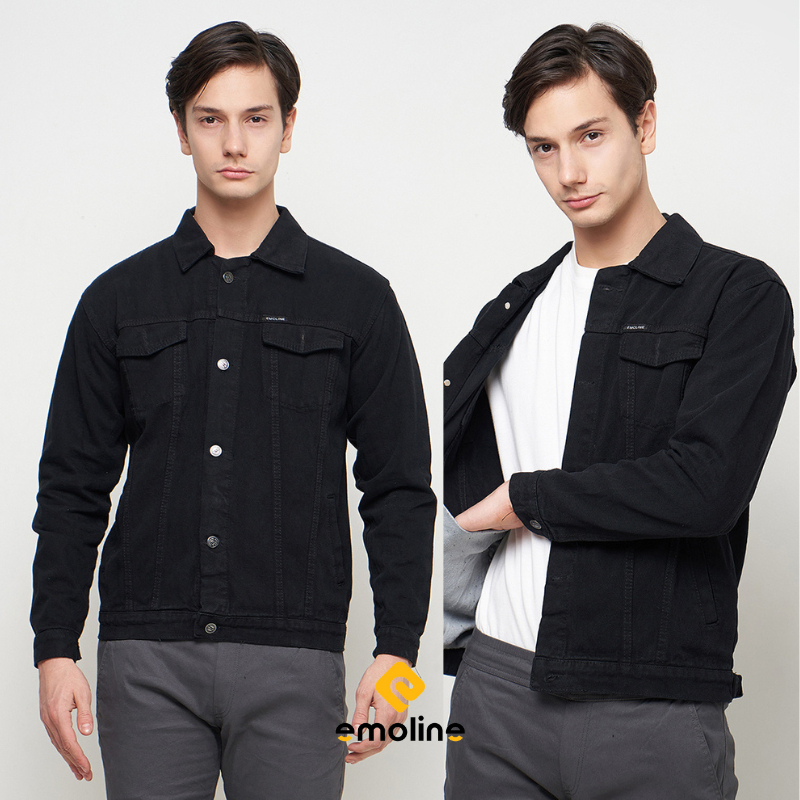 EMOLINE Jaket Jeans Pria Denim Tebal High Quality Hitam Pekat Full Black