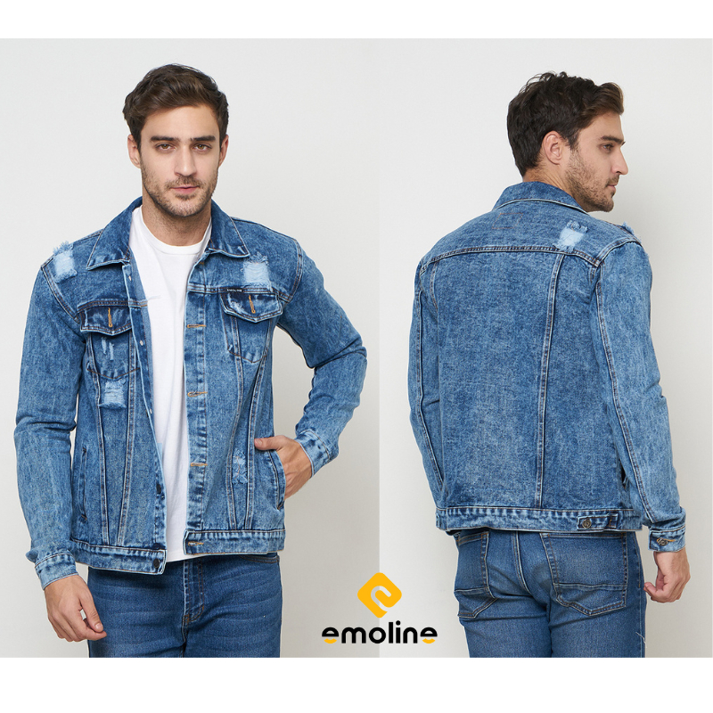 EMOLINE Jaket Jeans Pria Men Denim Tebal Ripped Sobek Sandwash Biru