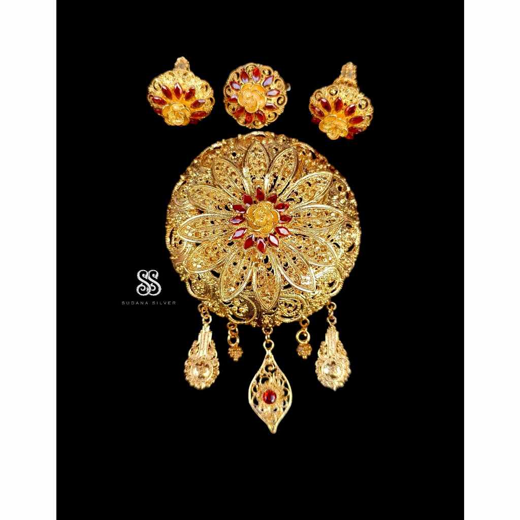 Set Perhiasan Bros Nirmala Merah Alpaka Gold Plated Aksesoris Bali